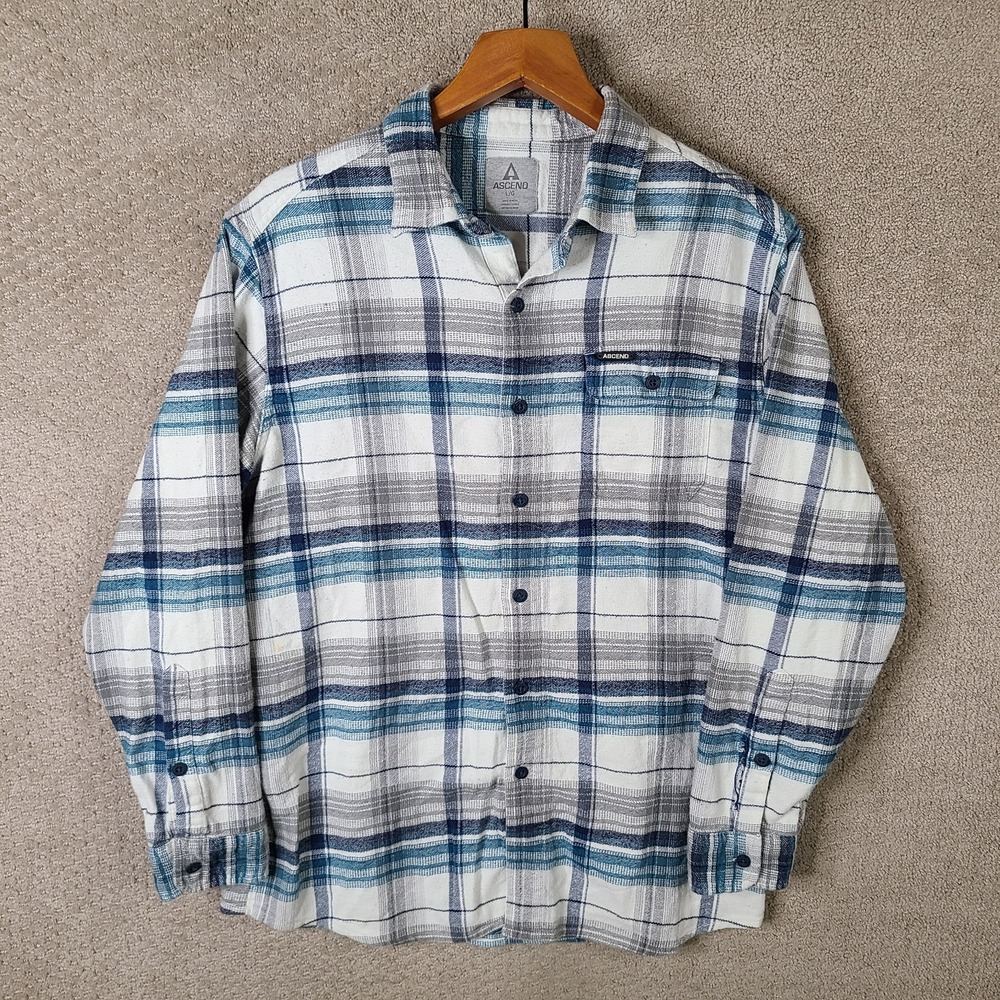 Ascend Shirt Mens Large Blue Gray Plaid Flannel‎ Button Down Cotton Outdoor